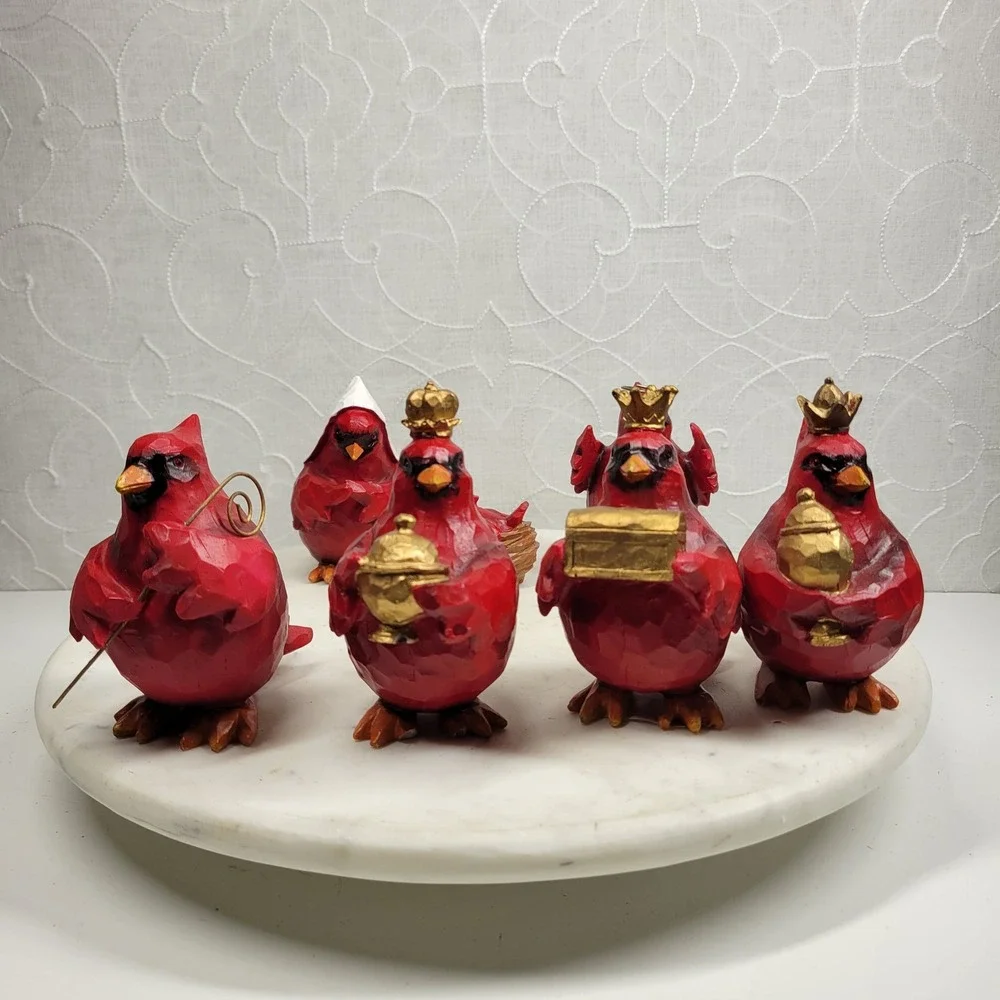 Slifka Cardinal Nativity 7 Pc Set Red Resin Christmas Birds Decor Folk Art